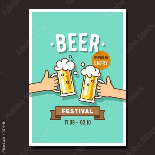 Beer festival, event poster. Two hands holding the beer bottle and beer glass. Vector illustration in flat style.