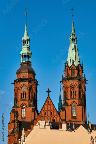 Towers neo-Gothic church in Legnica in Poland.