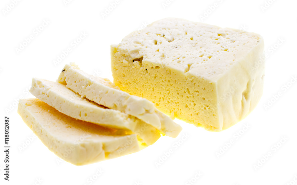 Sliced fresh white cheese from cow's milk on white background