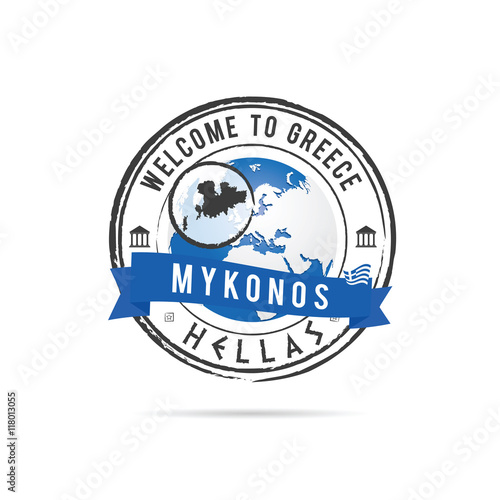grunge rubber stamp with blue ribbon and Greek island Mykonos il