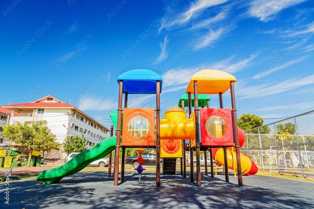 Colorful playground on yard in the park, Playground for children Colorful playground on yard in the park, Playground for children