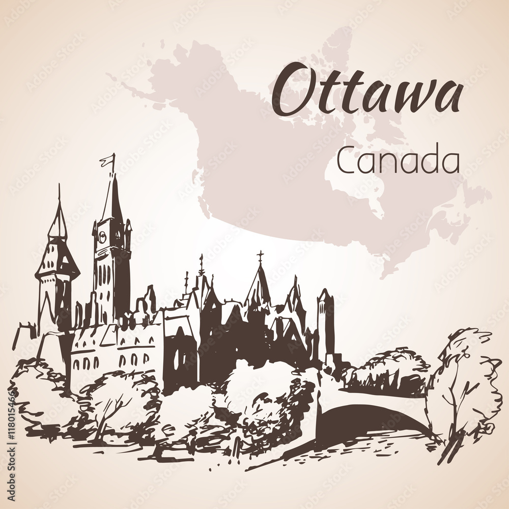 Ottawa landmarks and map. Isolated on white background