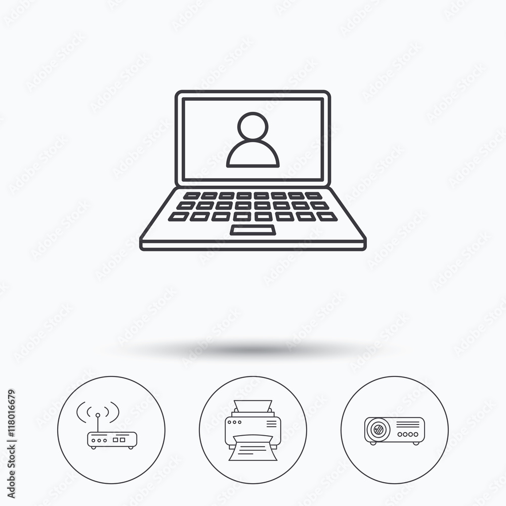 Printer, wi-fi router and projector icons. Printer, wi-fi router and projector icons.