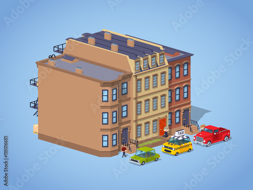Brownstone town house against the blue background. 3D lowpoly isometric vector illustration