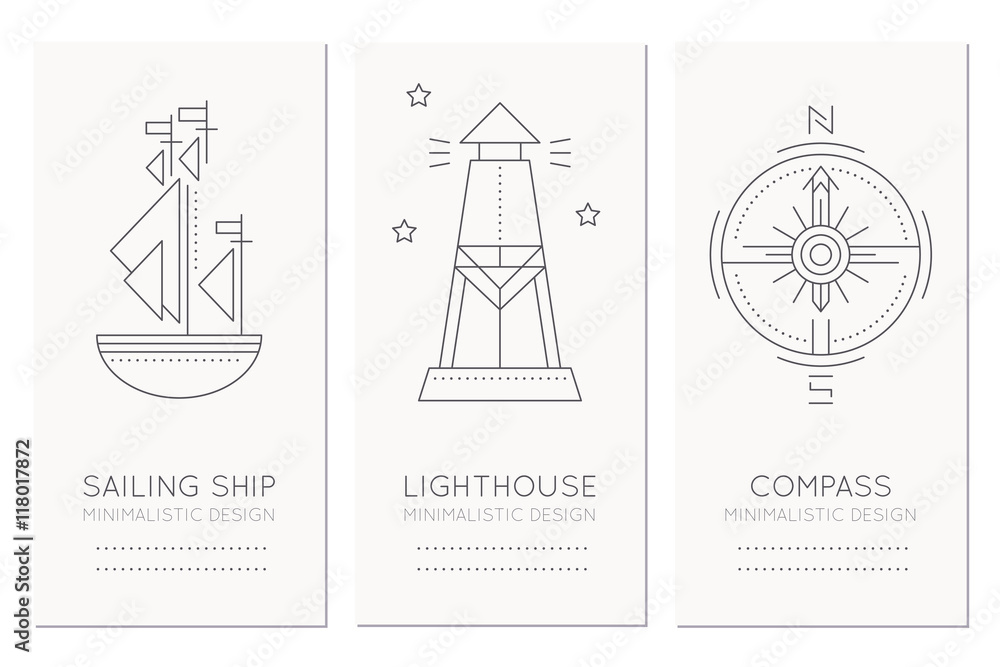 Fototapeta premium Nautical card design template with thin line style illustrations of sailing ship, lighthouse and compass rose