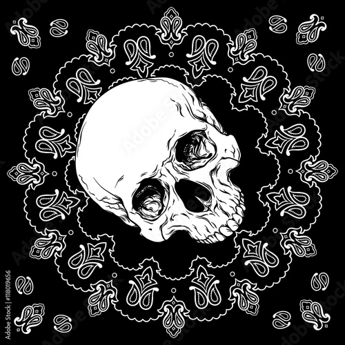 Bandana black and white design with skull and paisley ornament Vector