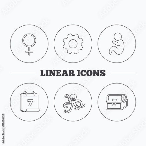 Female, treasure chest and paediatrics icons.