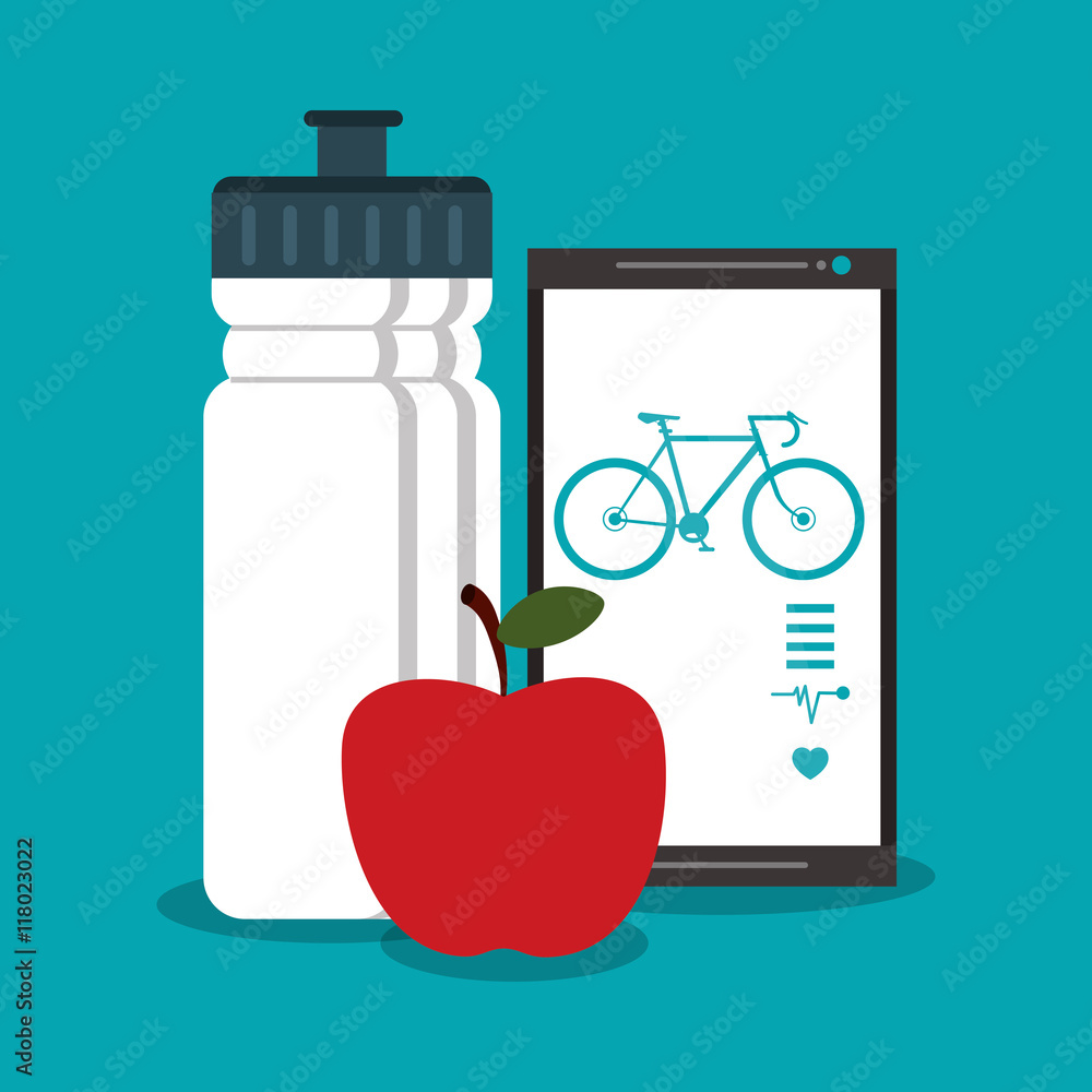 smartphone bottle apple bike healthy lifestyle fitness icon. Colorfull illustration. Vector graphic smartphone bottle apple bike healthy lifestyle fitness icon. Colorfull illustration. Vector graphic