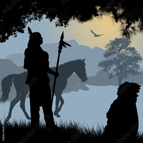 Native american indian silhouettes with spear and horse