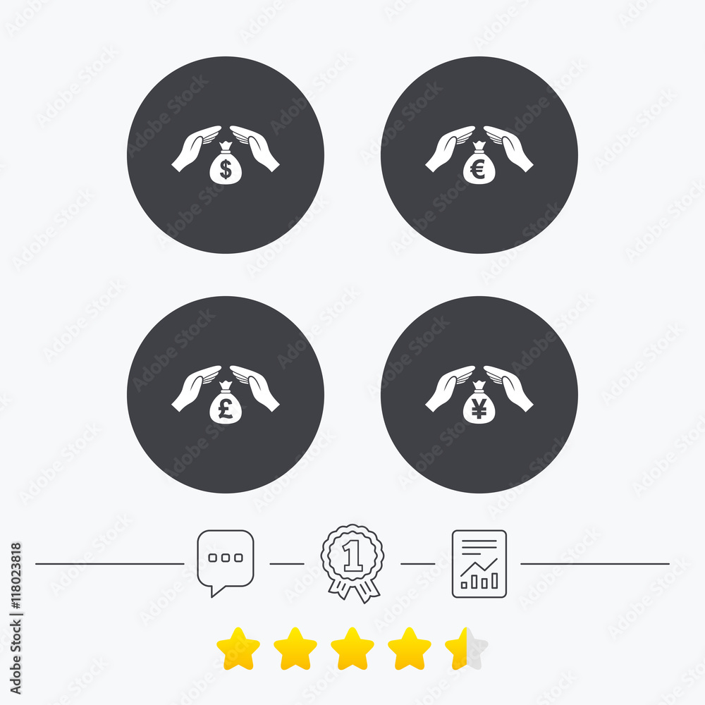Hands insurance icons. Money savings signs. Hands insurance icons. Money savings signs.