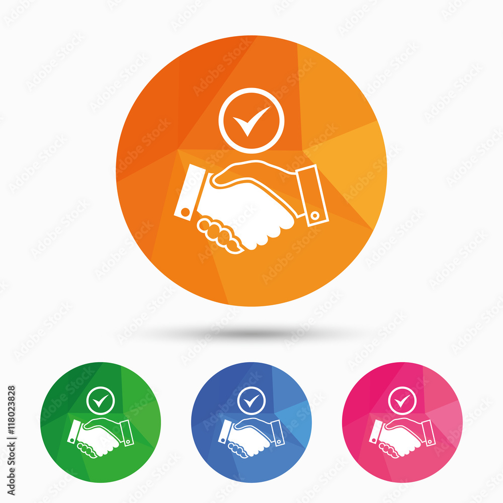 Tick handshake sign icon. Successful business.