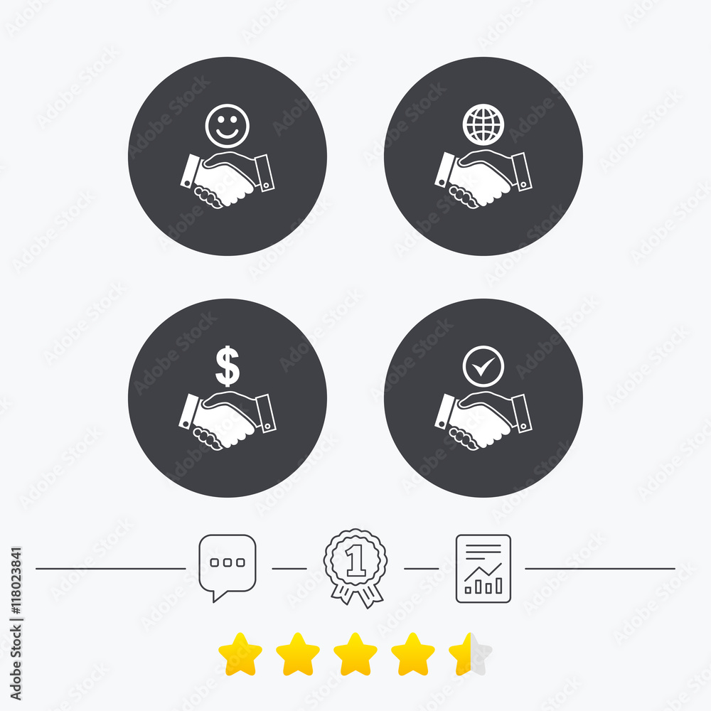 Handshake icons. World, Smile happy face. Handshake icons. World, Smile happy face.