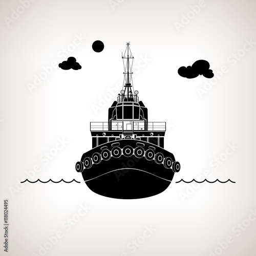 Front View of the Vessel Tugboat, Push Boat on Light Background, Silhouette Tow Boat for to Towage and Mooring of Other Courts , Vector Illustration