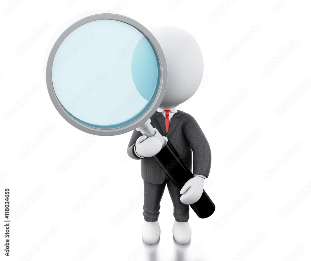 3d white business people examines through a magnifying glass 3d white business people examines through a magnifying glass