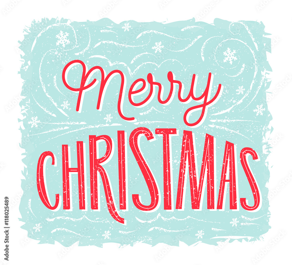 Merry Christmas card with lettering at blue frosty background. Vector vintage banner design.