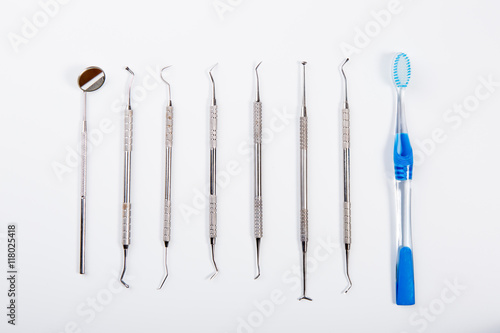 Set of dental tool for dental care on stanless tray,top view
