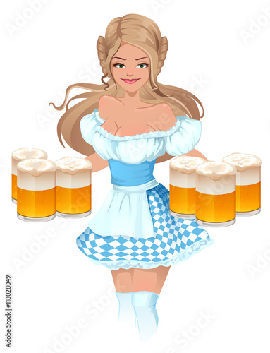 Oktoberfest Beer Festival. German girl waitress holding mugs of beer