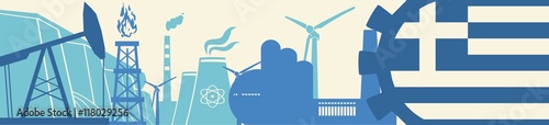 Energy and Power icons set. Header banner with Greece flag. Sustainable energy generation and heavy industry. Vector illustration