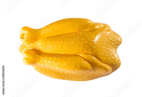 Children's toy a plastic, roast chicken isolated on white