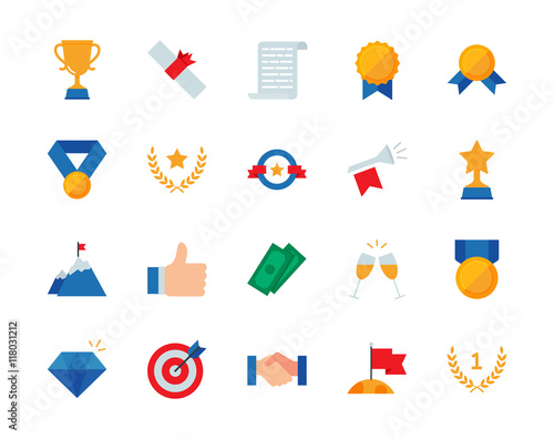 Winning awards colorful vector icons set flat style