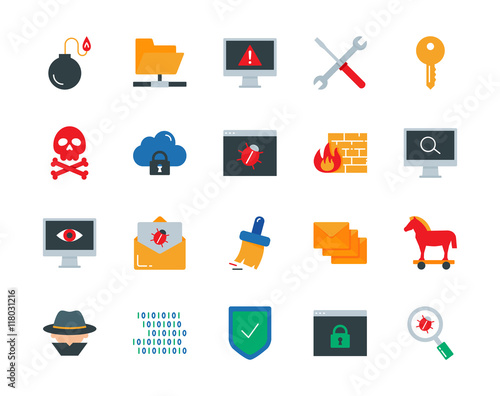 Computer viruses, cyber attack, hacking colorful vector icons se