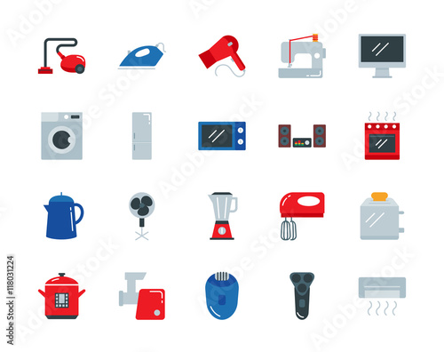 Household appliances colorful vector icons set flat style