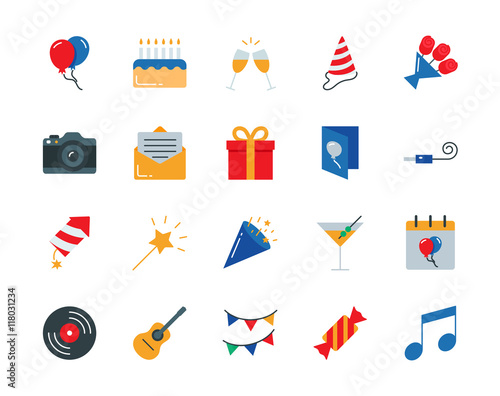 Party and birthday colorful vector icons set flat style