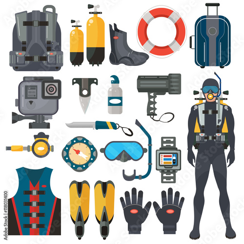Scuba diving equipment accessories collection. Diver man in underwater wetsuit. Underwater hunting and swimming sport.