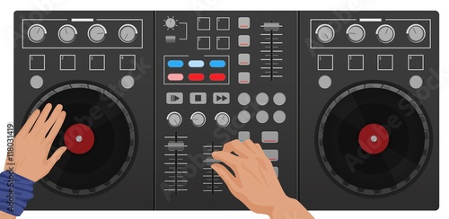 DJ hands playing vinyl. Top view. DJ Interface workspace mixer console turntables. Night club concept.