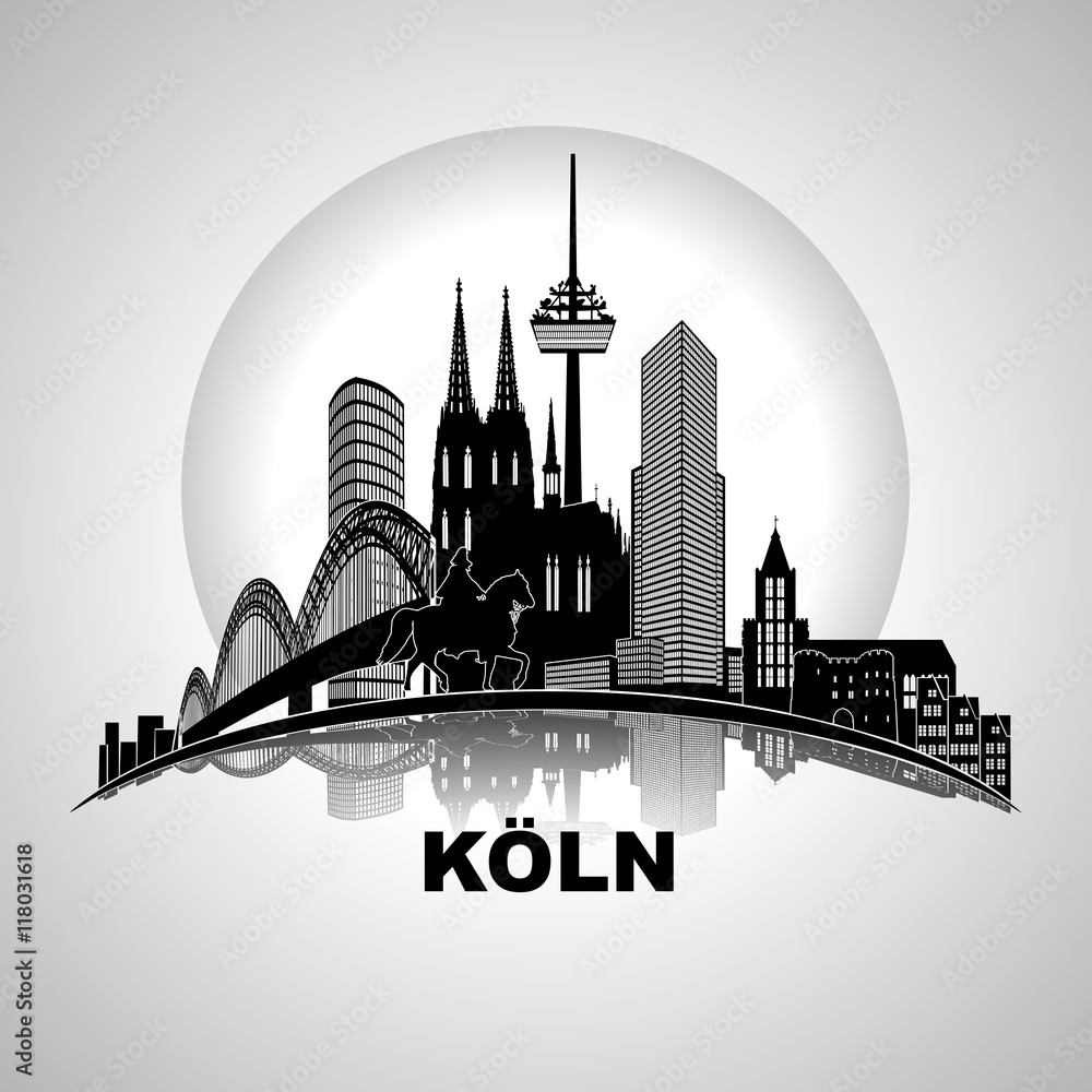 Köln Wandtatoo rund Silhouette Kullisse Sehenswürdigkeiten Umriss Skyline Brücke Dom Fernseturm