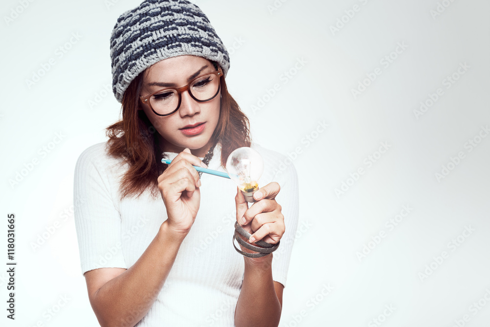 Asian woman with a light bulb idea emotionally. Asian woman with a light bulb idea emotionally.