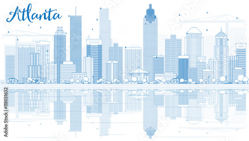Outline Atlanta Skyline with Blue Buildings and Reflections.