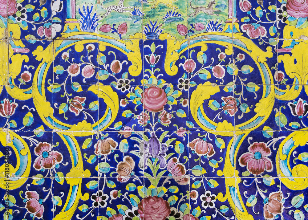 Portion of an old mosaic wall in Golestan palace, Tehran, Iran