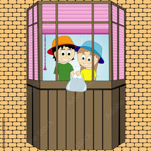Pranks children on the balcony. Summer season. Vector graphics