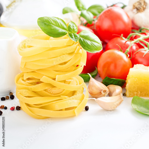 Fettuccine closeup with vegetable ingredients