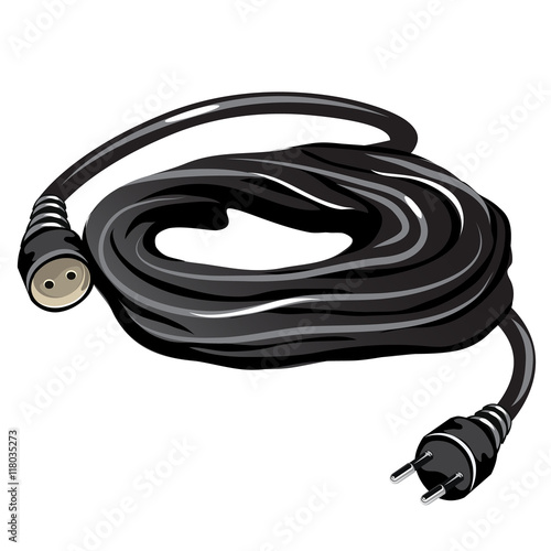 Black electrical extension cable, vector isolated
