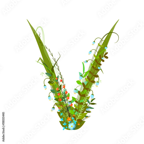 Letter V floral latin decorative character alphabet lettering sign