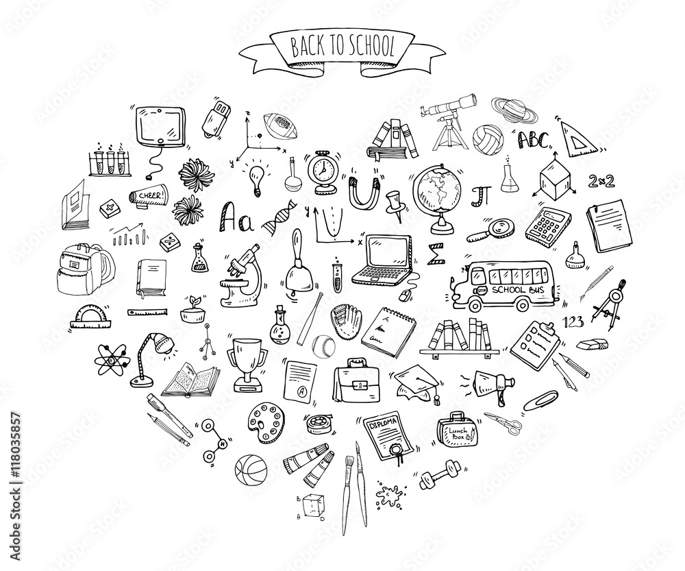 Hand drawn doodle Back to school icons set Vector illustration educational symbols collection Cartoon various learning elements: Laptop; Lunch box; Bag; Microscope; Telescope; Books; Pencil Sketch bus Hand drawn doodle Back to school icons set Vector illustration educational symbols collection Cartoon various learning elements: Laptop; Lunch box; Bag; Microscope; Telescope; Books; Pencil Sketch bus