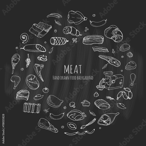 Hand drawn doodle set of cartoon different kind of meat and poultry. Vector illustration set. Sketchy food elements collection: Lamb, Pork, Ham, Mince, Chicken, Steak, Bacon, Sausage, Salami, Veggie.