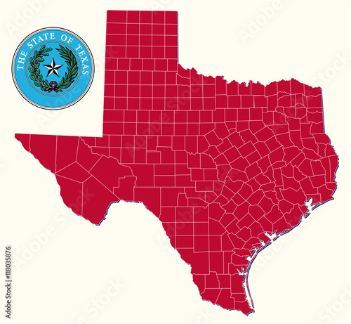 simple administrative and political map with seal of the US state of Texas