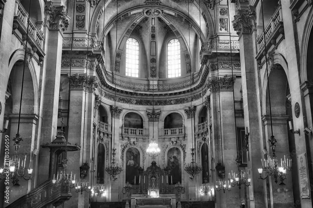  Interiors and architectural details of Saint-Paul Saint-Louis church in Paris, France. Black and white.