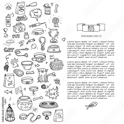 Hand drawn doodle Pets stuff and supply icons set. Vector illustration. Vet symbol collection. Cartoon dogs care elements: kennel, leash, food, paw, bowl, bone and other goods for pet shop
