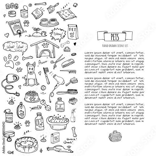 Hand drawn doodle Pets stuff and supply icons set. Vector illustration. Vet symbol collection. Cartoon dogs care elements: kennel, leash, food, paw, bowl, bone and other goods for pet shop