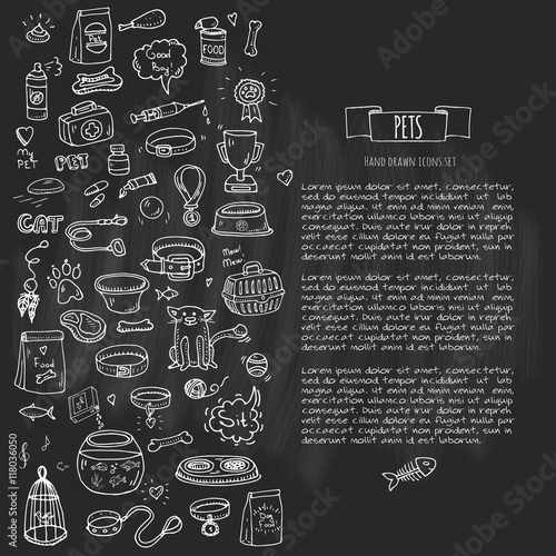 Hand drawn doodle Pets stuff and supply icons set. Vector illustration. Vet symbol collection. Cartoon dogs care elements: kennel, leash, food, paw, bowl, bone and other goods for pet shop