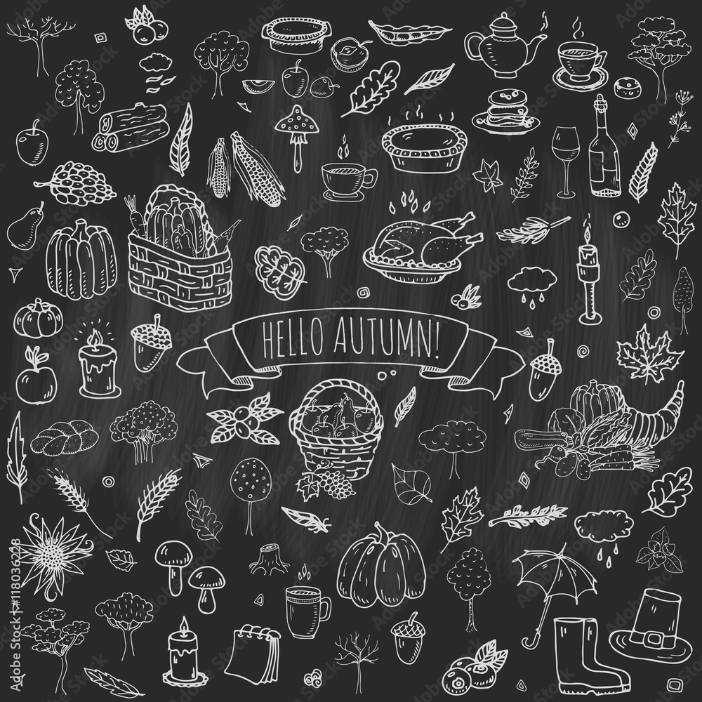 Hand drawn doodle Autumn icons set. Vector illustration. Fall symbols collection. Cartoon various seasonal elements: turkey, harvest, vegetables, pumpkin pie, leaves, trees, hot tea, wine, mushrooms