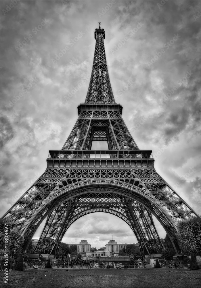 The Eiffel Tower, Paris. Black and white.