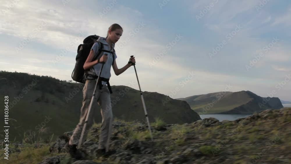 Hiker woman is walking mountain, Hiker woman is walking mountain,