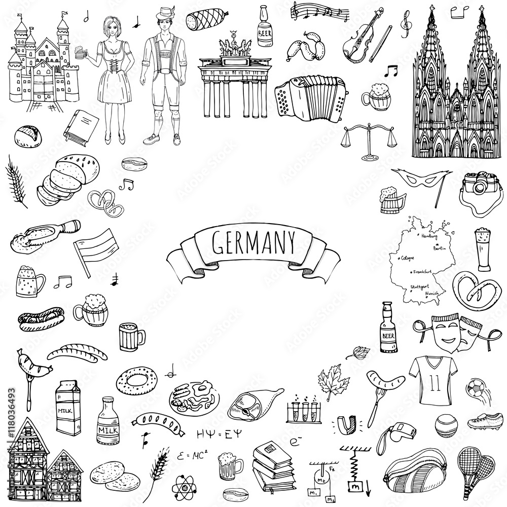 Hand drawn doodle set of Germany icons. Vector illustration set. Cartoon German landmark. Sketchy Europe travel elements collection: Sausage, Beer, Wheat bread, football, tennis, classic music, castle Hand drawn doodle set of Germany icons. Vector illustration set. Cartoon German landmark. Sketchy Europe travel elements collection: Sausage, Beer, Wheat bread, football, tennis, classic music, castle