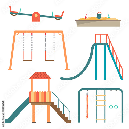 Kids playground flat cartoon set with swing carousels slides and