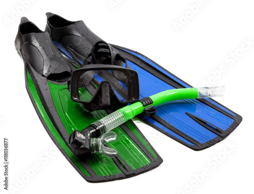 Mask, snorkel and flippers of different colors